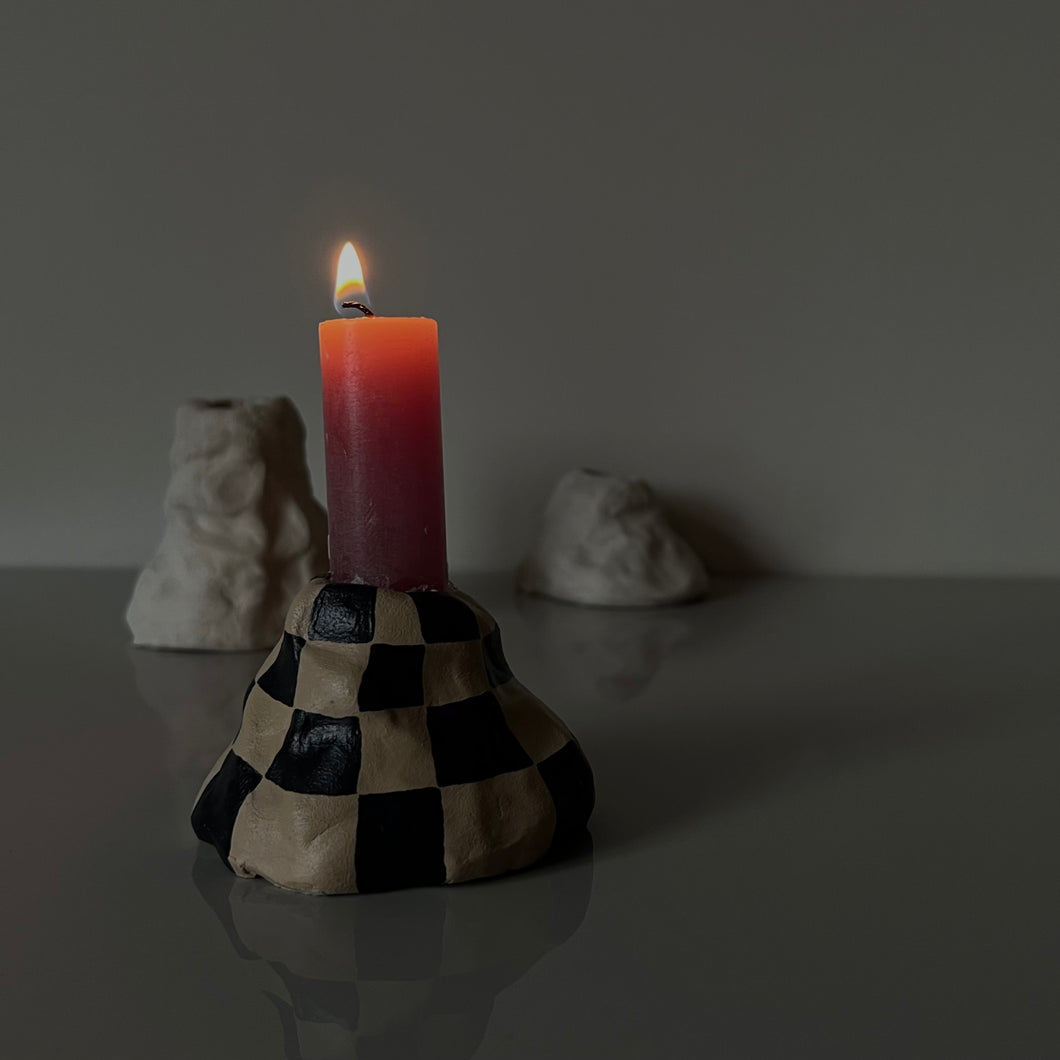 Charcoal Black Checkered Pile Candlestick